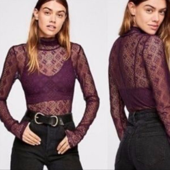 NWT Free People SHEER LACE TURTLENECK TOP - Picture 2 of 6